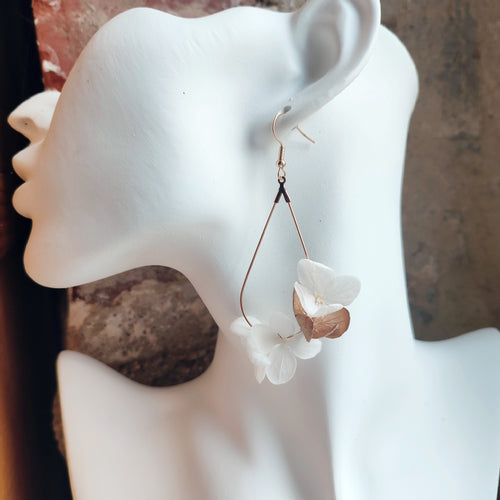 Boucles d'oreilles en forme de goutte d'eau, ornées de fleurs stabilisées blanches et dorées, portées par un modèle sur un buste blanc.
